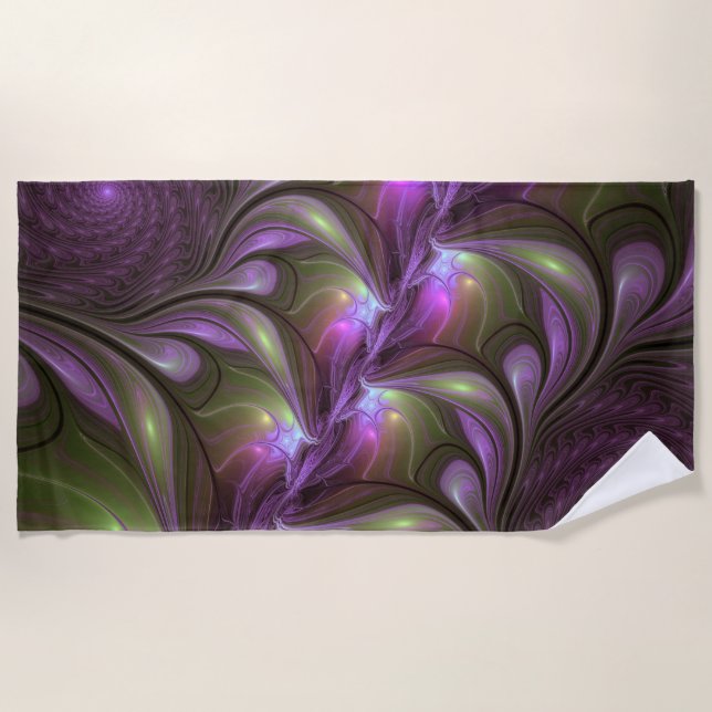 Colourful Abstract Violet Purple Khaki Fractal Art Beach Towel (Front)