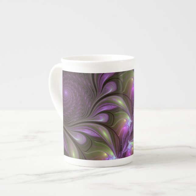 Colourful Abstract Violet Purple Khaki Fractal Art Bone China Mug (Front Left)