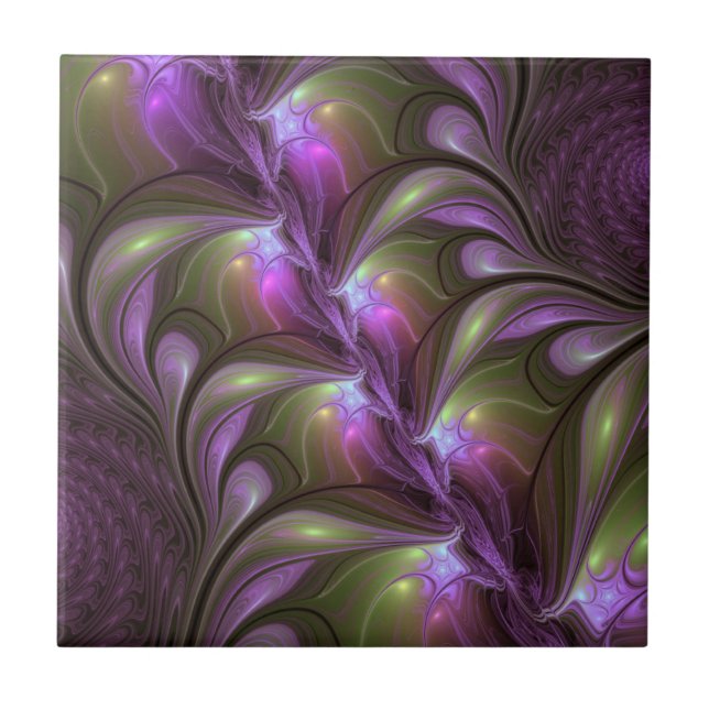 Colourful Abstract Violet Purple Khaki Fractal Art Ceramic Tile (Front)