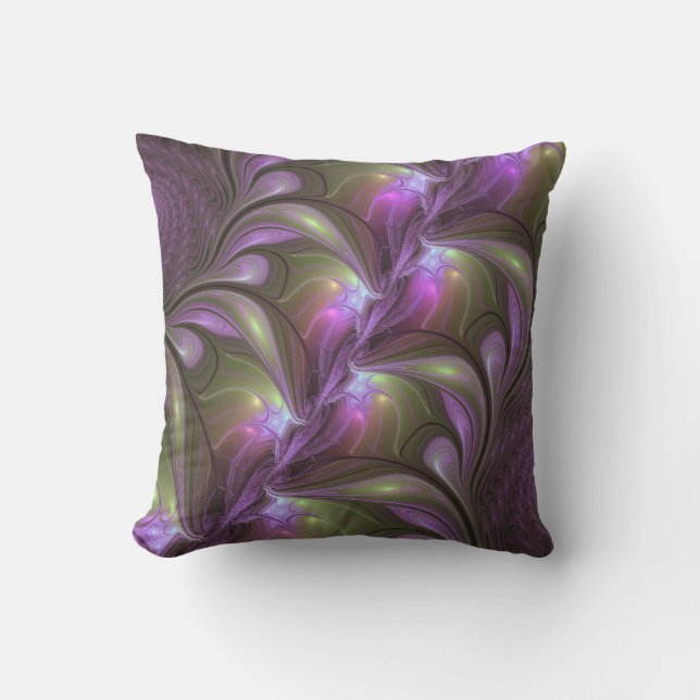 Colourful Abstract Violet Purple Khaki Fractal Art Cushion (Front)