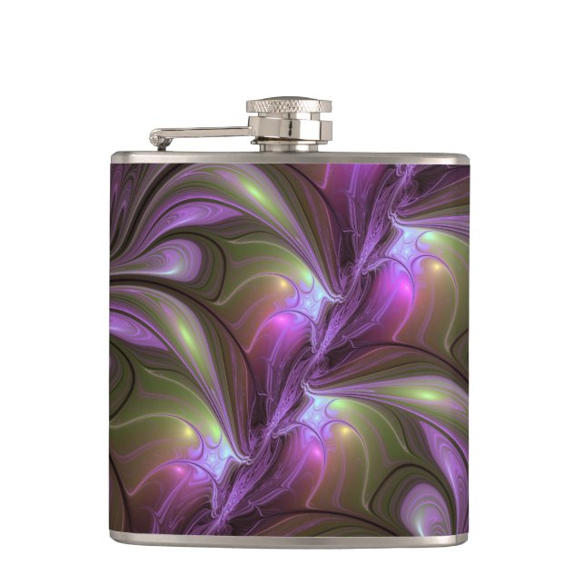 Colourful Abstract Violet Purple Khaki Fractal Art Hip Flask (Front)