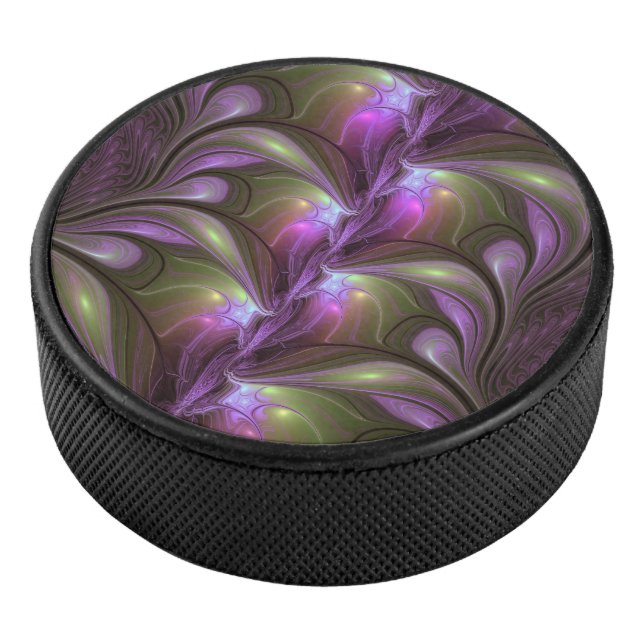 Colourful Abstract Violet Purple Khaki Fractal Art Hockey Puck (3/4)
