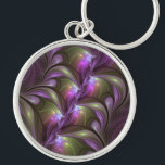 Colourful Abstract Violet Purple Khaki Fractal Art Key Ring<br><div class="desc">Striking Fractal Art,  abstract and luminous
with shades of purple,  violet and khaki.
Design for your round keychain and more.</div>