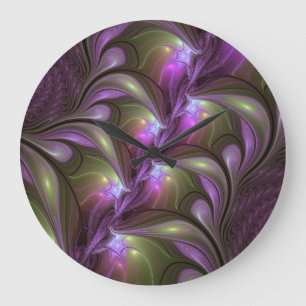 Colourful Abstract Violet Purple Khaki Fractal Art Large Clock