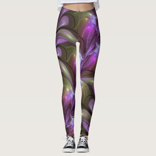 Colourful Abstract Violet Purple Khaki Fractal Art Leggings (Front)