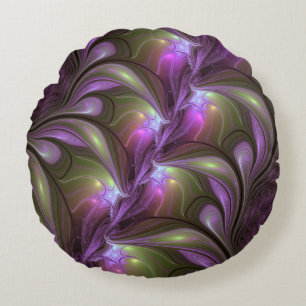 Colourful Abstract Violet Purple Khaki Fractal Art Round Cushion