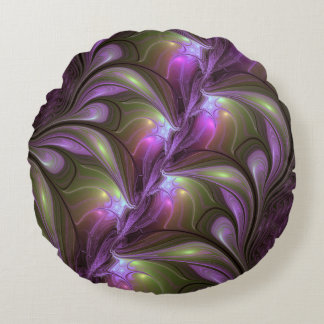 Colourful Abstract Violet Purple Khaki Fractal Art Round Cushion