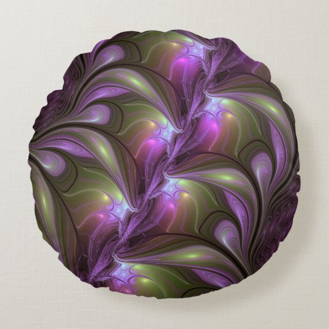 Colourful Abstract Violet Purple Khaki Fractal Art Round Cushion (Front)