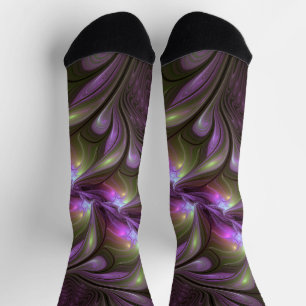 Colourful Abstract Violet Purple Khaki Fractal Art Socks