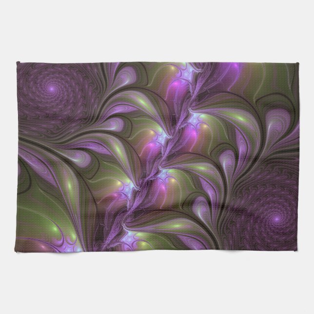 Colourful Abstract Violet Purple Khaki Fractal Art Tea Towel (Horizontal)
