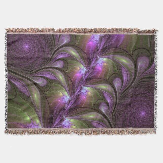 Colourful Abstract Violet Purple Khaki Fractal Art Throw Blanket (Front)