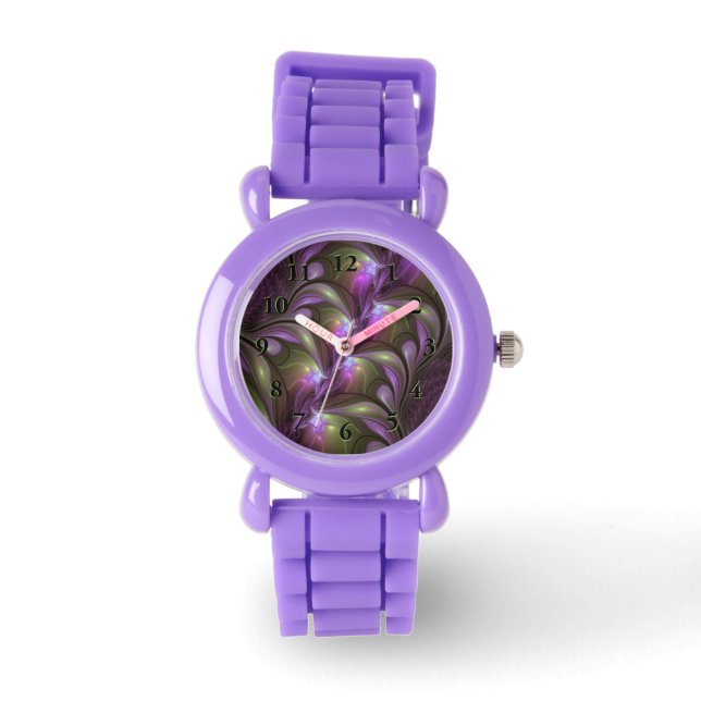 Colourful Abstract Violet Purple Khaki Fractal Art Watch (Front)