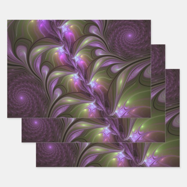 Colourful Abstract Violet Purple Khaki Fractal Art Wrapping Paper Sheet (Set)
