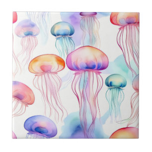 Colourful abstract watercolor jellyfish ceramic tile