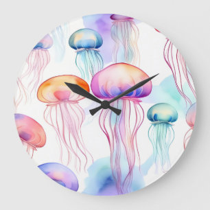 Colourful abstract watercolor jellyfish large clock