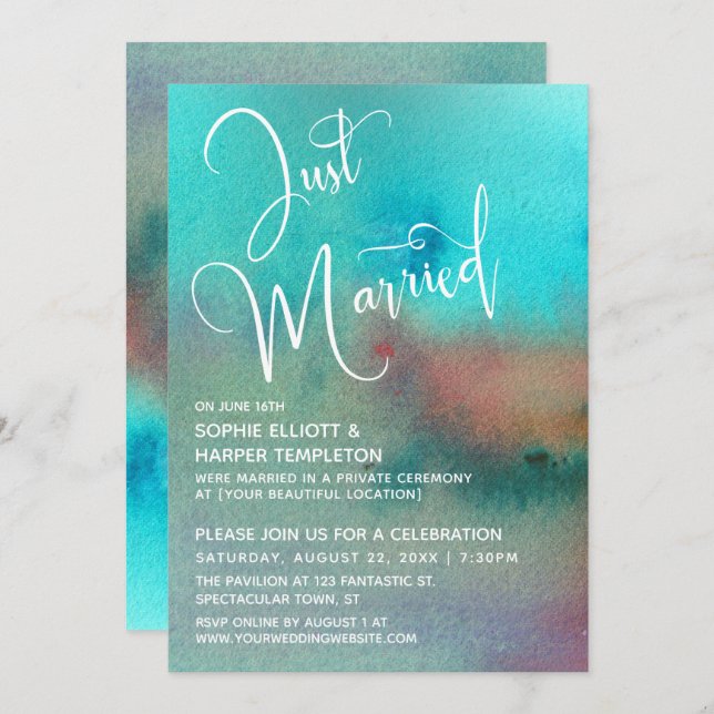 Colourful Abstract Watercolor Just Married Script Invitation (Front/Back)