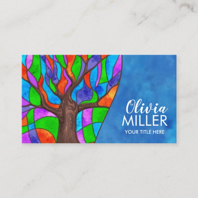 Colourful Abstract Watercolor Mosaic Tree Business Card (Front)