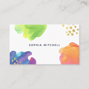Colourful Abstract Watercolor with Gold Business Card