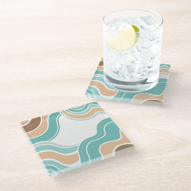 Colourful abstract wavy blue orange brown glass coaster (Angled)