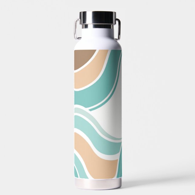 Colourful abstract wavy blue orange brown water bottle (Front)