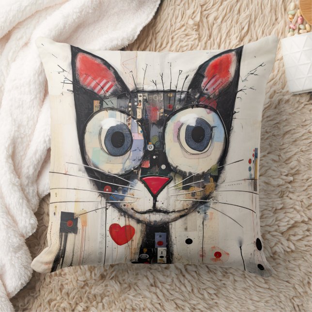 Colourful Abstract Wide Eyed Cat Throw Pillow (Blanket)