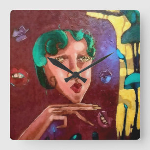 Colourful Abstract Woman Portrait – Oil Painting Square Wall Clock