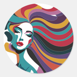 Colourful Abstract Woman with Flowing Hair Art Classic Round Sticker