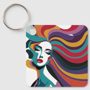 Colourful Abstract Woman with Flowing Hair Art Key Ring