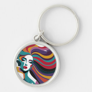 Colourful Abstract Woman with Flowing Hair Art Key Ring