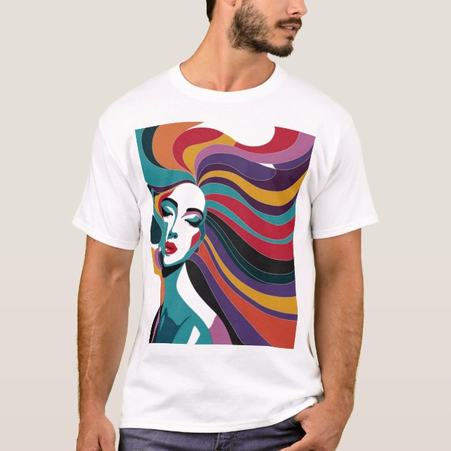 Colourful Abstract Woman with Flowing Hair Art T-Shirt (Front)