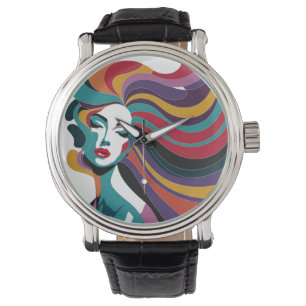 Colourful Abstract Woman with Flowing Hair Art Watch