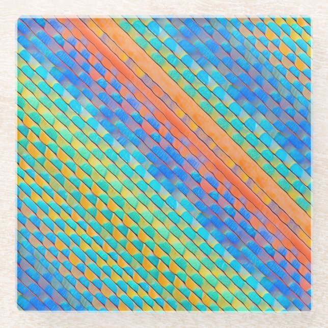 Colourful Abstract Woven Digital Pattern Glass Coaster (Front)