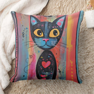 Colourful Abstract Yellow Eyed Cat Cushion