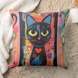 Colourful Abstract Yellow Eyed Cat Cushion