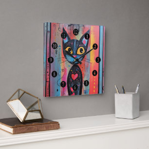 Colourful Abstract Yellow Eyed Cat Square Wall Clock