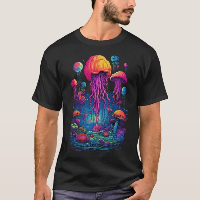 Colourful Abyss: Deep Sea Jellyfish Delight T-Shirt (Front)