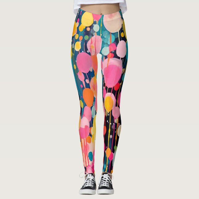 colourful acryl painting dots on black ground leggings (Front)