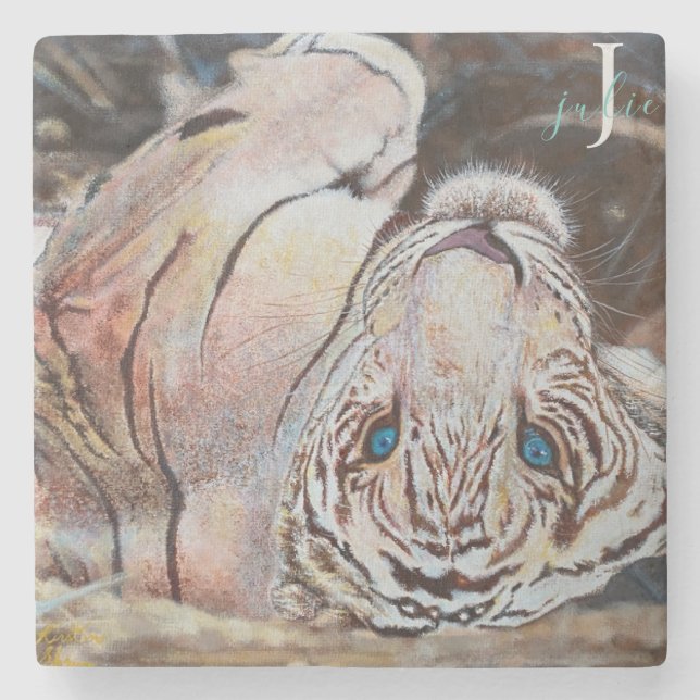 Colourful Acrylic White Tiger Monogram Stone Coaster (Front)