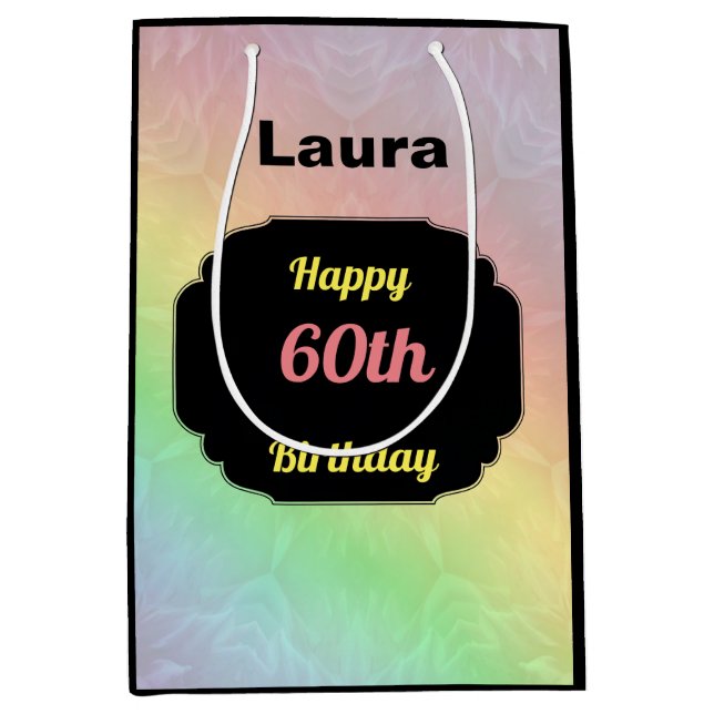 Colourful add name 60th birthday medium gift bag (Front)