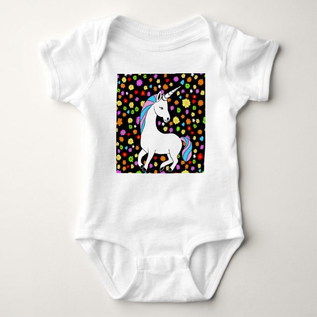 Colourful Adorable Unicorn Flowers and Hearts Baby Bodysuit (Front)