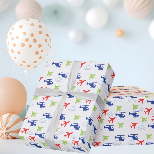 Colourful Aeroplane & Clouds, Cute Aviator Birthda Wrapping Paper (Creator Uploaded)