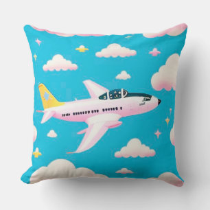 Colourful Aeroplane Flying Among Cartoon Clouds Cushion