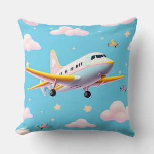 Colourful Aeroplane Flying Among Cartoon Clouds Cushion
