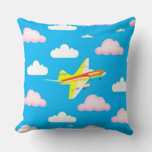 Colourful Aeroplane Flying Among Cartoon Clouds Cushion