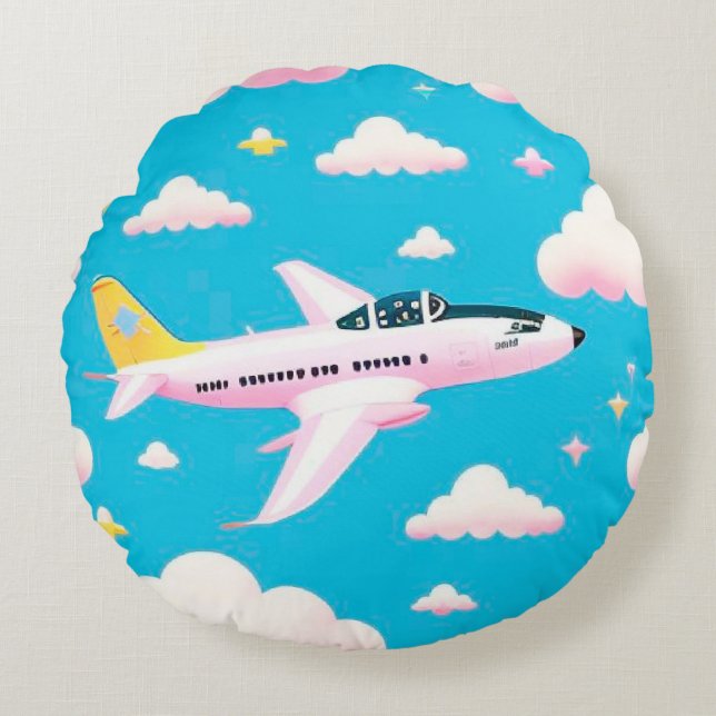 Colourful Aeroplane Flying Among Cartoon Clouds Round Cushion (Front)