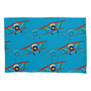 Colourful Aeroplane Pattern on Blue Pillowcase