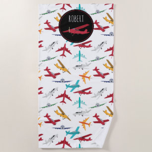 Colourful Aeroplanes Pattern Custom Name Beach Towel