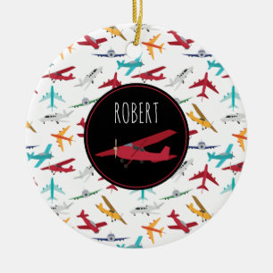Colourful Aeroplanes Pattern Custom Name Ceramic Ornament