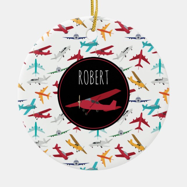 Colourful Aeroplanes Pattern Custom Name Ceramic Ornament (Front)