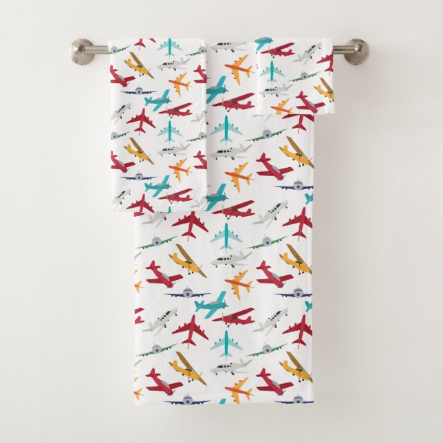 Colourful Aeroplanes Pattern Kids Bathroom Bath Towel Set (Insitu)